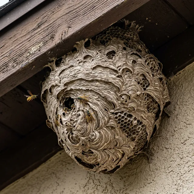 Close-up of a wasp nest showing the layered paper structure
